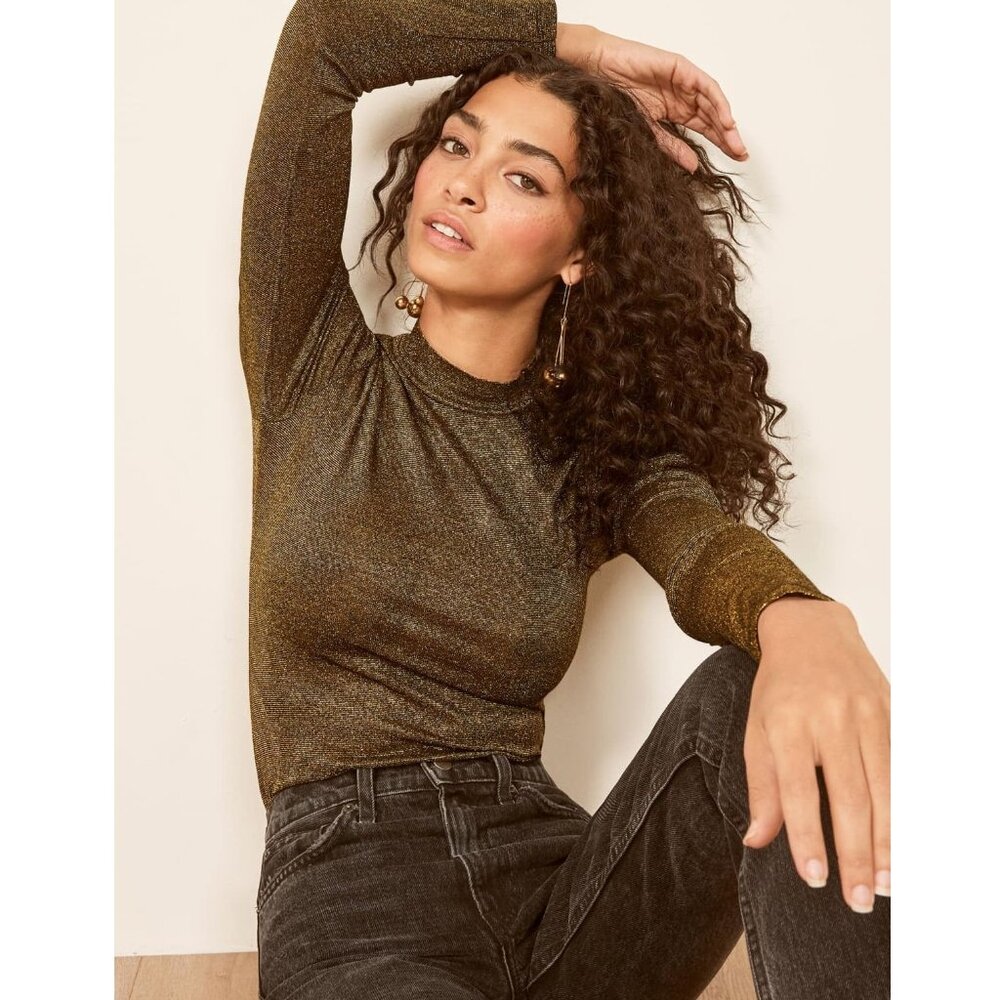 Reformation Junie Top / XS/ Metallic Gold Sparkles Mock Neck Long Sleeve Holiday